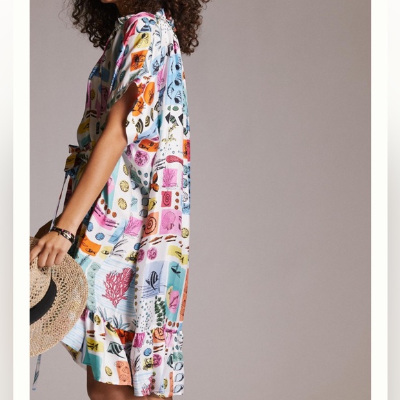 Beatrice B x Anthropologie Nautical Ocean Lg Blue Pink Silk Ruffle Mini Italy - Picture 4 of 7